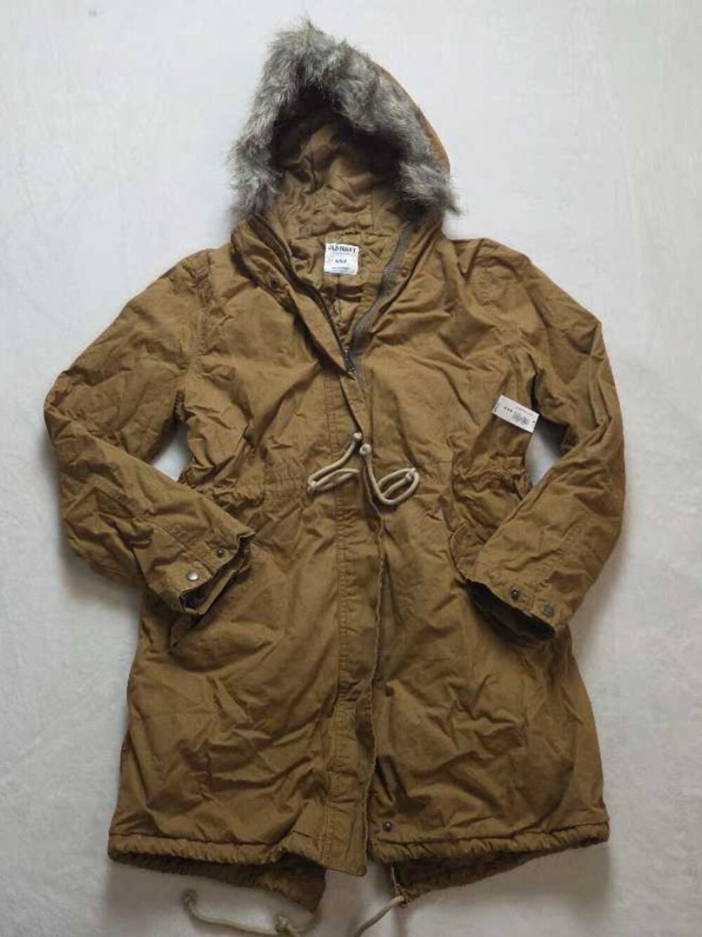 New XS S M Old Navy cinch waist canvas fur hooded anorak coat in Caramel